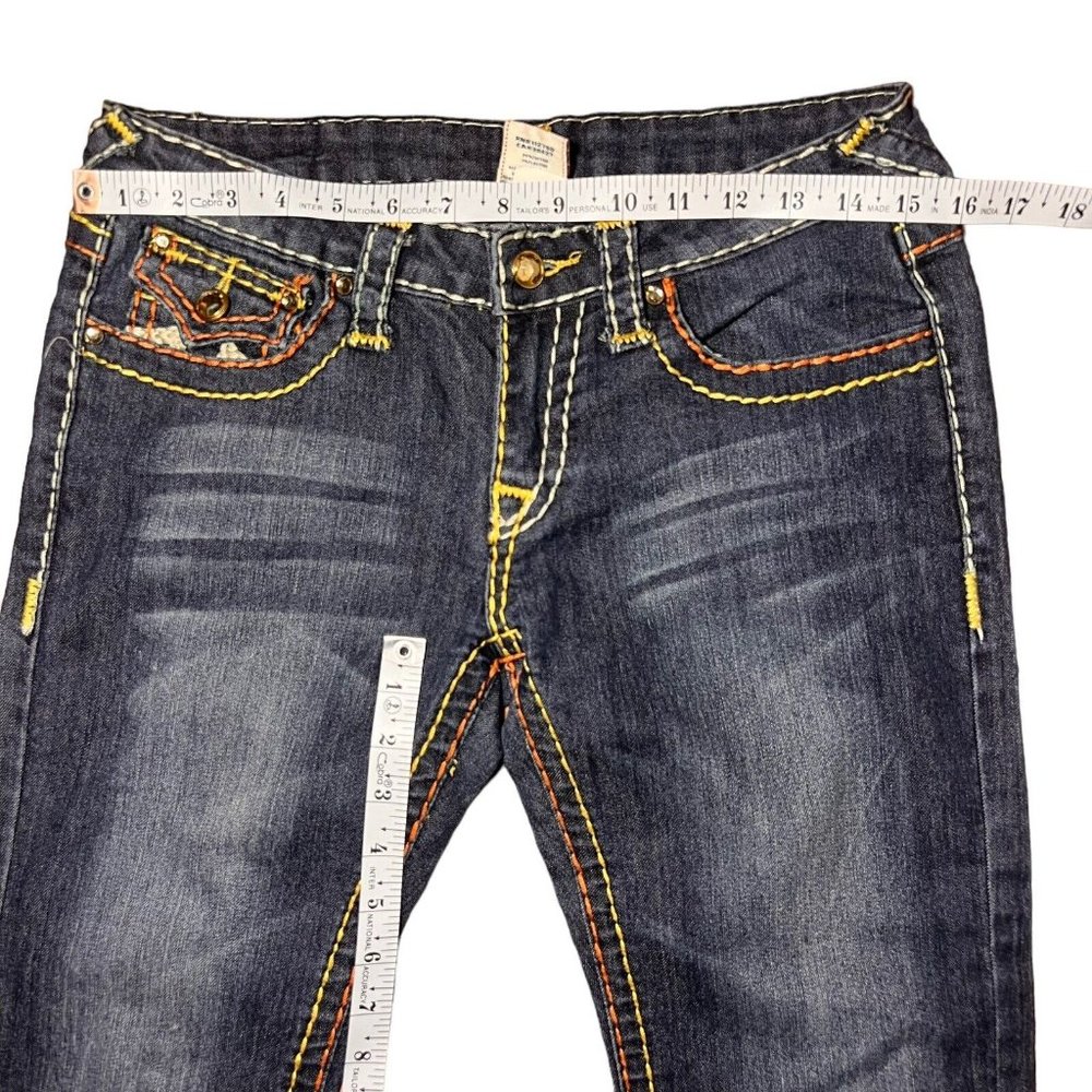 True Religion Women's Straight Leg Jeans - Blue with White & Orange Stitching - Picture 4 of 8